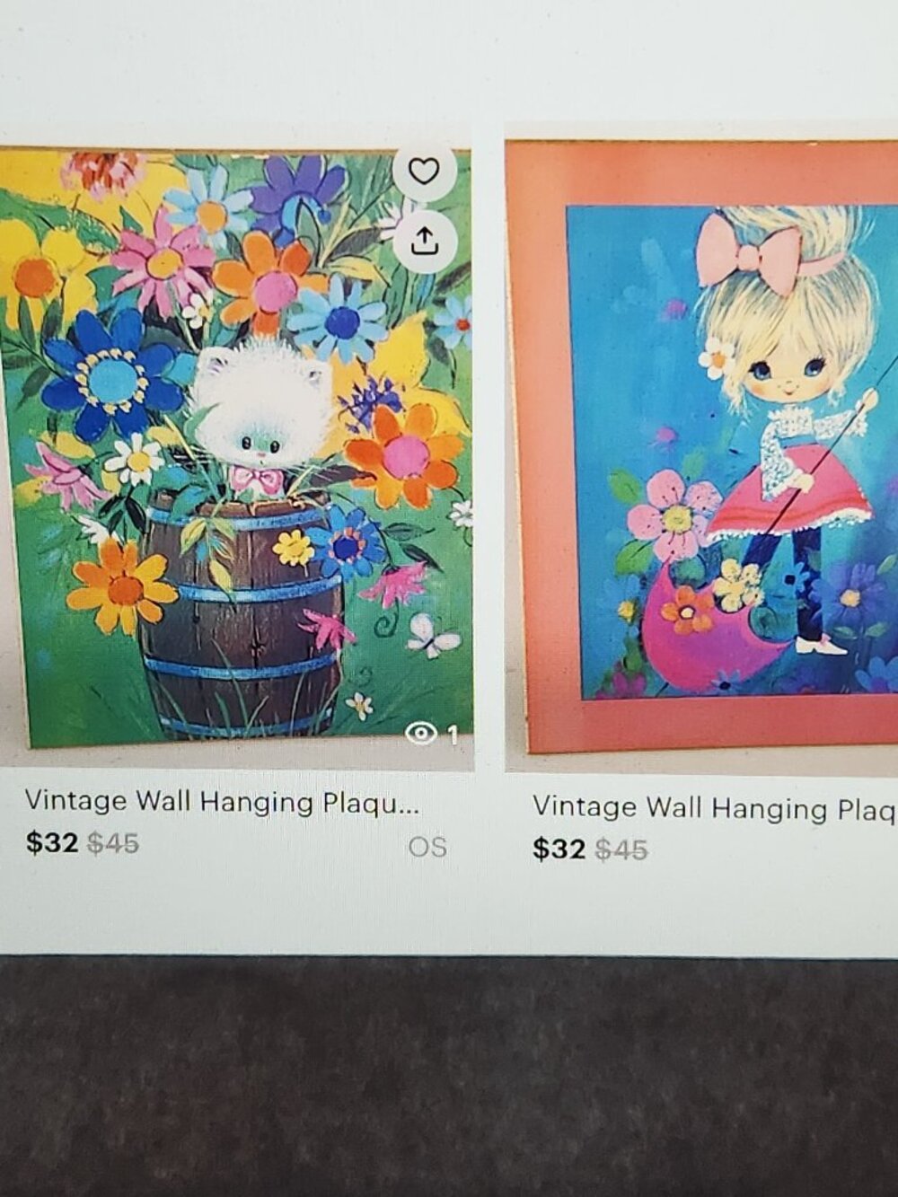 Vintage Wall Hangings Child's Room Decor Cat Barrel Flowers/Girl w/Parasol*AS IS
